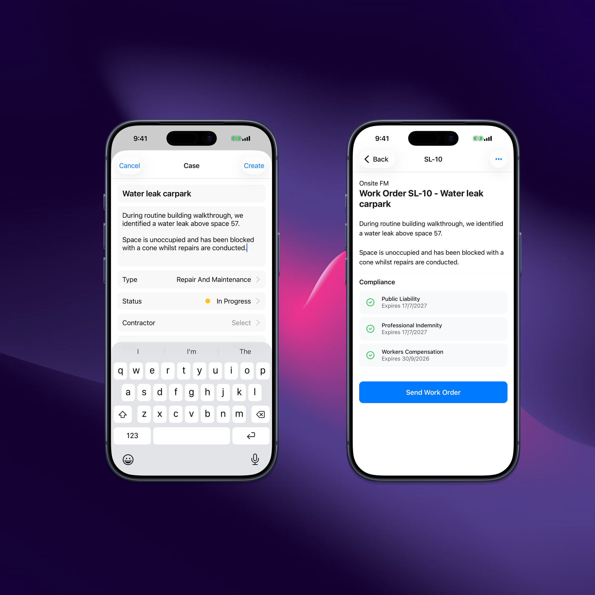 Building maintenance case and contractor work order in the Onsite mobile app