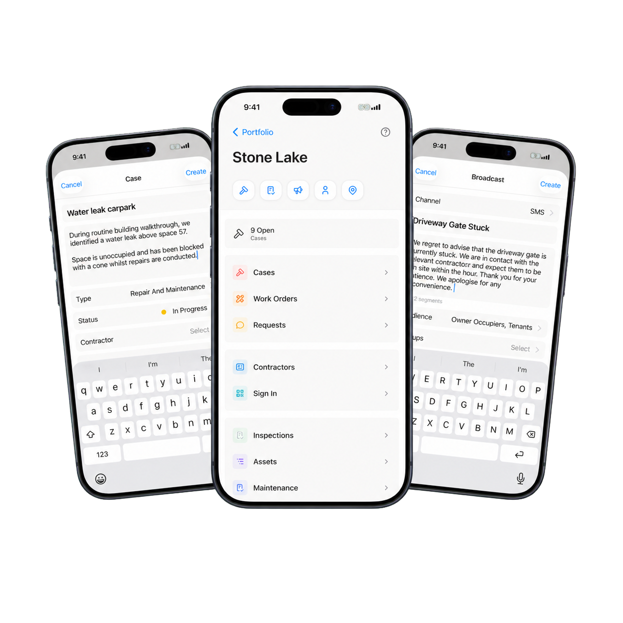 Onsite Building Manager app shown across three mobile screens