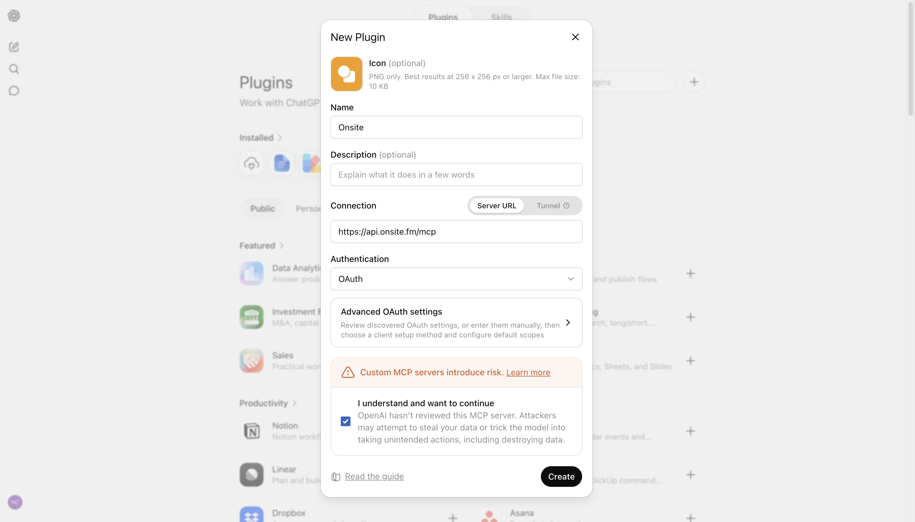 ChatGPT New Plugin dialog configured for Onsite with Server URL https://api.onsite.fm/mcp and OAuth authentication