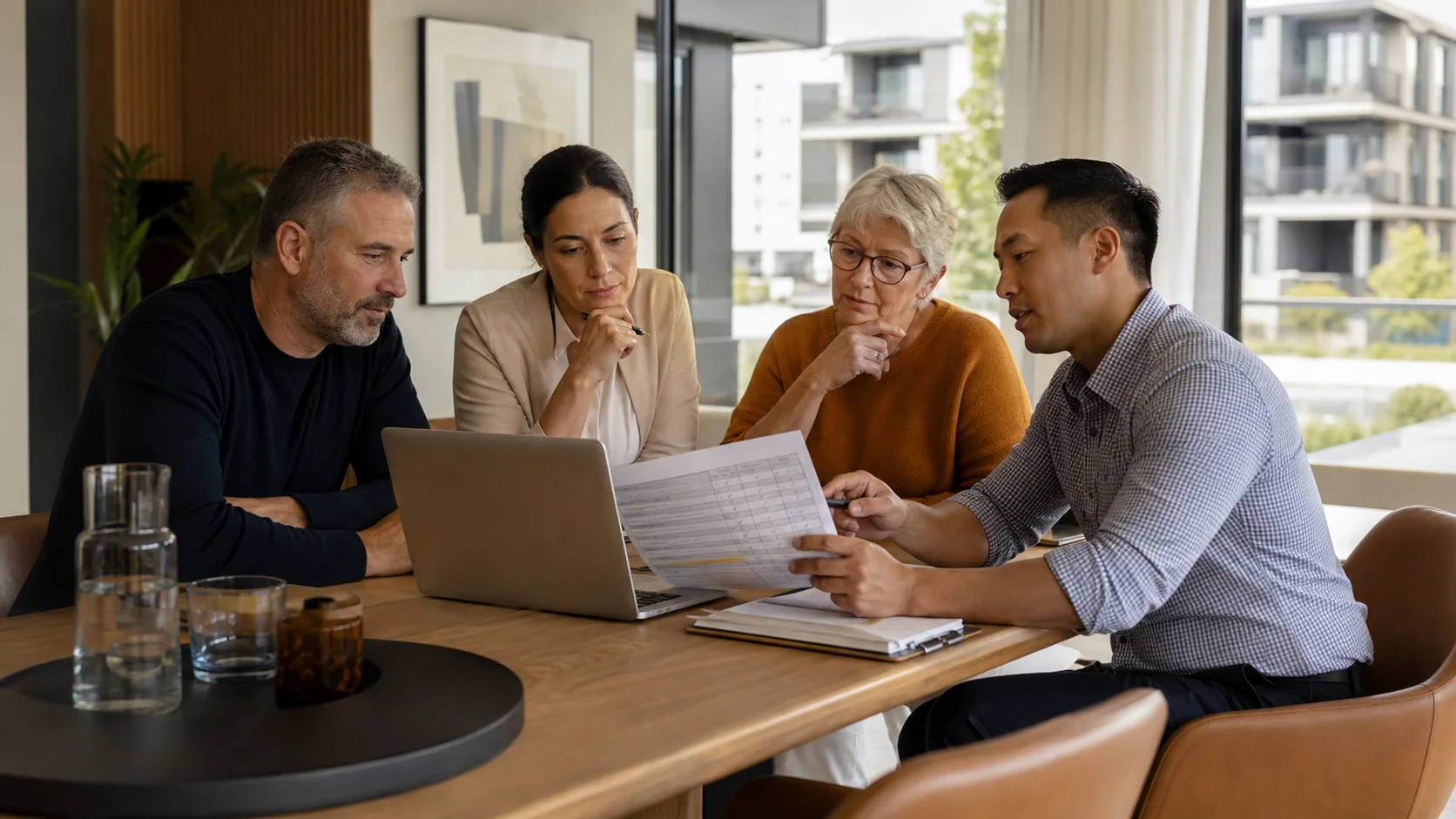 An owners committee and building manager reviewing a software evaluation scorecard together