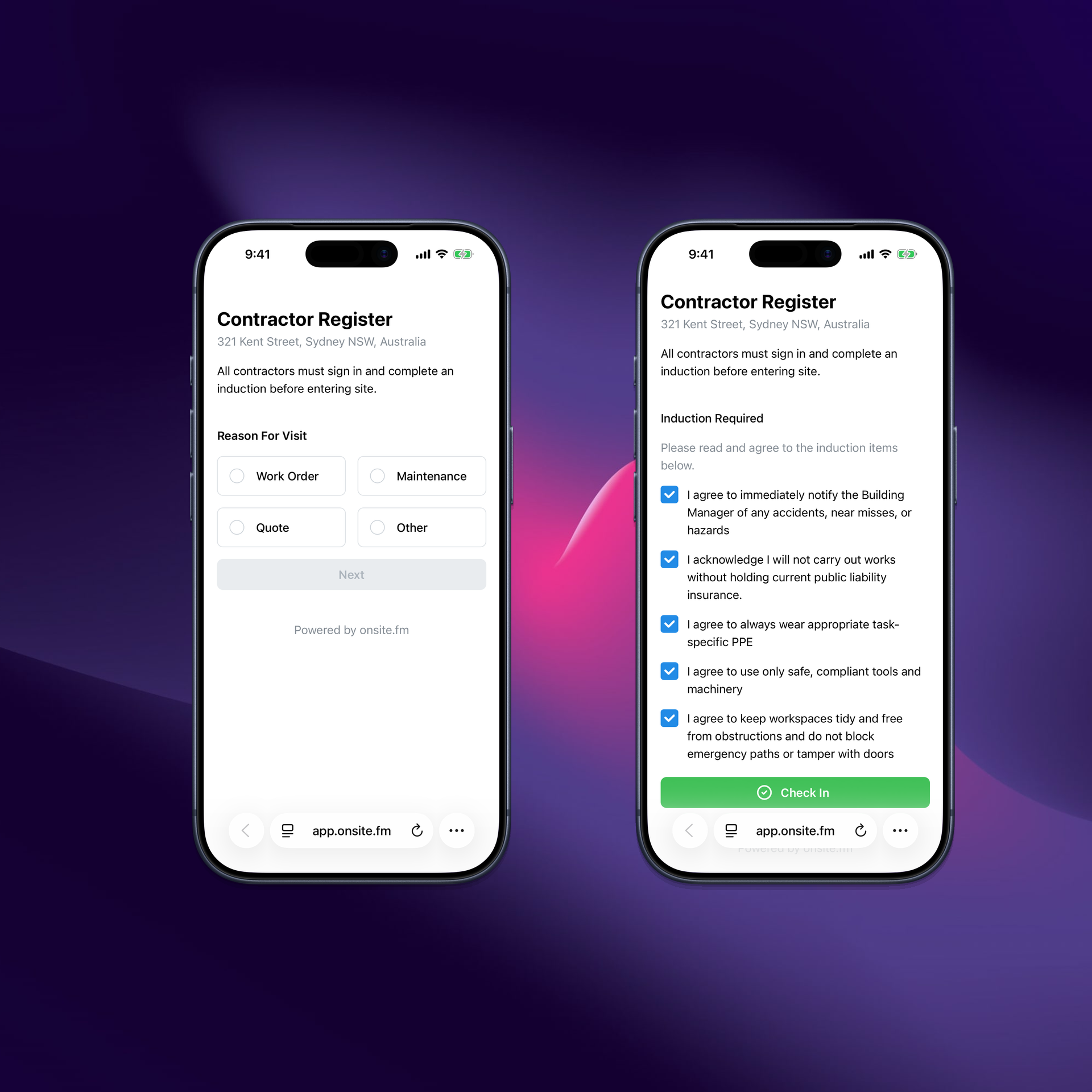 Mobile contractor reason-for-visit and site induction workflow