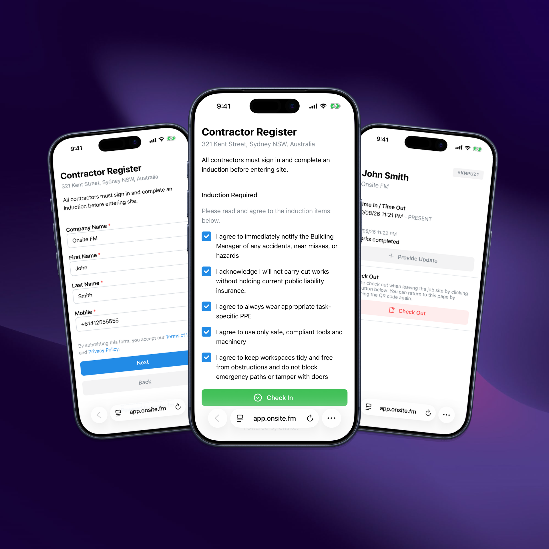 Contractor registration, induction and checkout shown in authentic iPhone frames