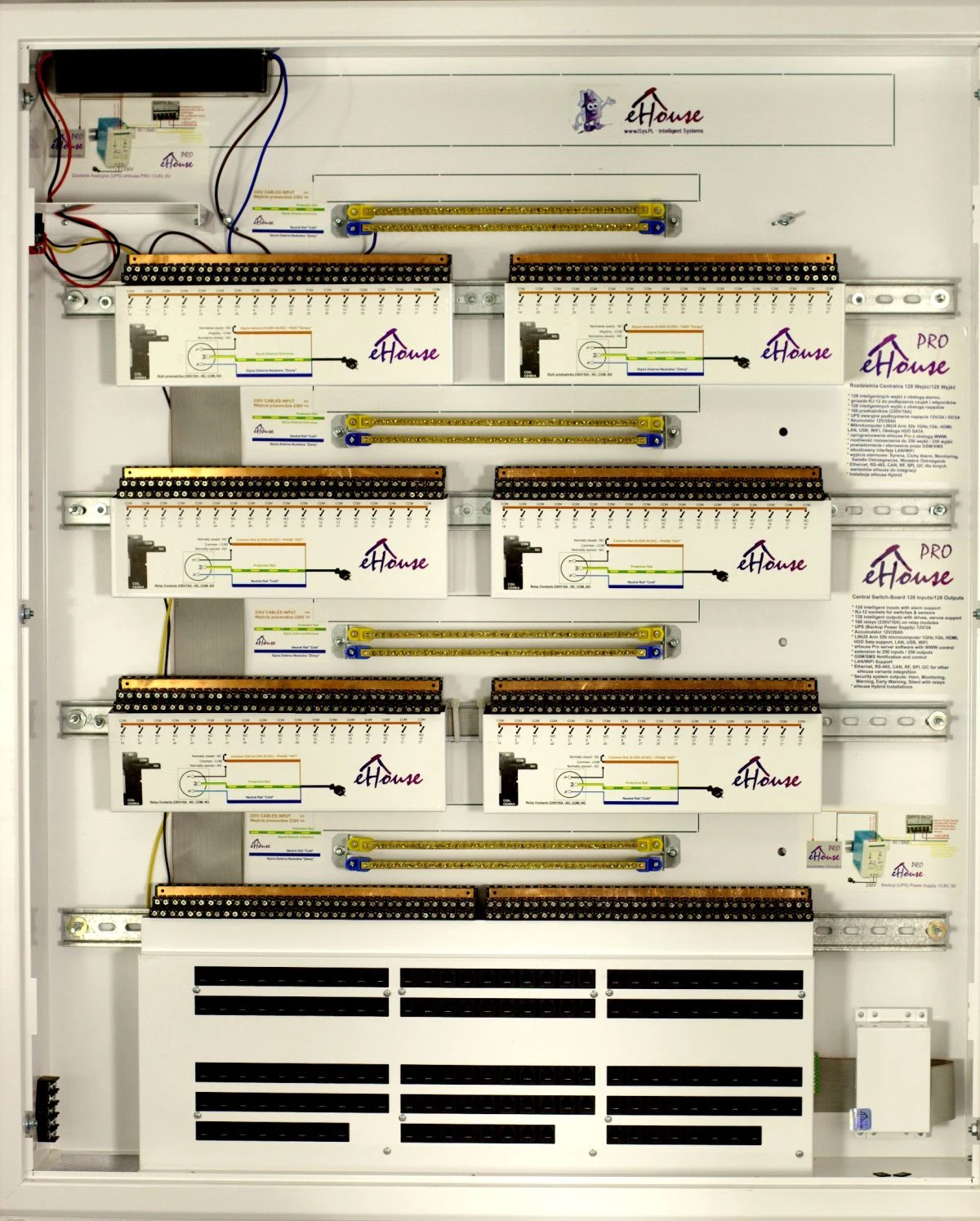 An open eHouse PRO building management control cabinet with rows of controller modules, relay modules and connection terminals.