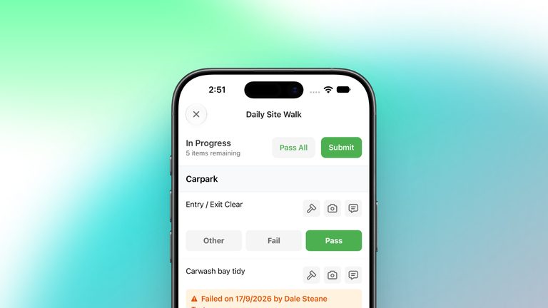 Daily Site Walk inspection in the Onsite Manager app, showing checklist results and a linked case